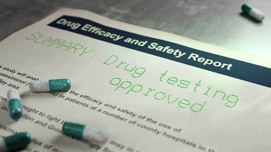 Depiction of a drug efficacy trial report. The drug has been approved.
