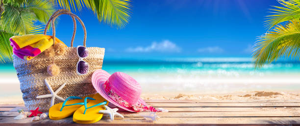istock Summer Bag On Tropical Beach And Palm Leaves 1499418982