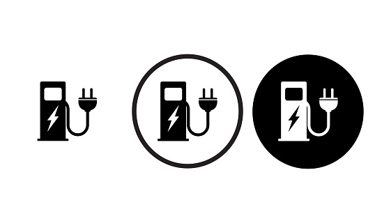 ev charger station icon black outline for web site design 
and mobile dark mode apps 
Vector illustration on a white background