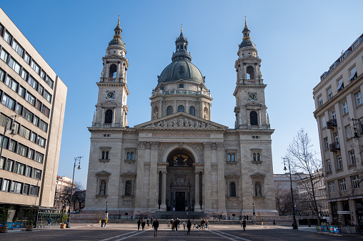 Saint Stephen's Basilica in the centre of Budapest, capital city of Hungary. Landmark and place of worship was built between 1851 and 1905. It is the equal tallest building in the city