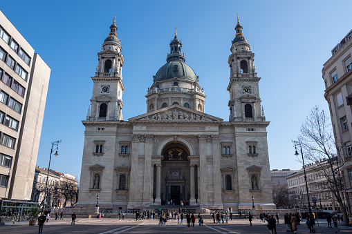 Saint Stephen's Basilica in the centre of Budapest, capital city of Hungary. Landmark and place of worship was built between 1851 and 1905. It is the equal tallest building in the city