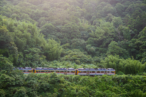 A yellow diesel train is driving in the mountains and forests. Along the Pingxi line, there are river valleys, potholes and waterfalls. Taiwan