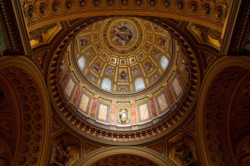 Saint Stephen Basilica in the centre of Budapest, capital city of Hungary. Interior view of the main dome in the catholic cathedral.