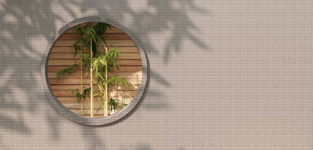 istock Wooden wall and circular frame with plants decorative bamboo Copy space template for advertising design 3D illustration 1499420839