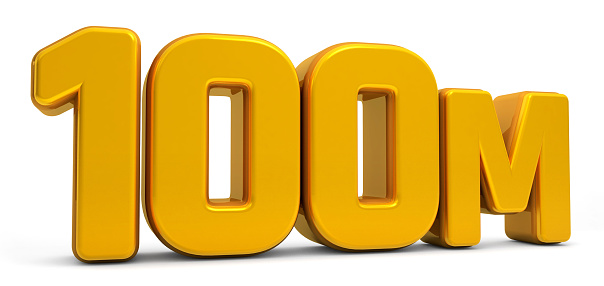 Golden 100M isolated on white background. 100M 3d. Thank you for 100 Million followers 3D gold. 3D rendering