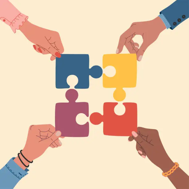 Vector illustration of Diverse hands holds a pieces of puzzle. Business solution concept. Teamwork, cooperation, partnership.