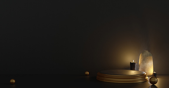 golden circle podium In a dark room scene with candles and soft yellow lights Background 3D illustration