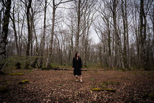 A lonely woman standing in a beech forest in autumn dressed in a black coat in a mystic atmosphere. Nature concept