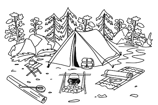 Camping in the woods, tent, backpack, mat, fire and plants black and white .
