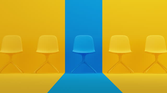 Yellow chair highlighted in the row of blue chairs. Human resource management.