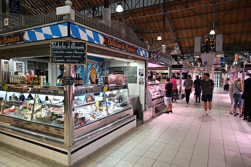 View of fresh cut NY strip steak at indoor Pennsylvania Amish food market.  With the current recession and inflation meat prices have surged to record highs.