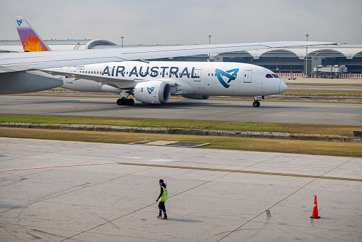 Suvarnabhumi Airport, Bangkok, Thailand - March 30th 2023: Boeing 787-8 Dreamliner from the French company Air Austral preparing for taking off