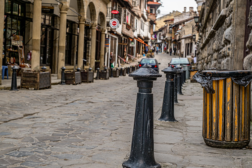 Veliko Tarnovo city, Bulgaria - March 24, 2017. Traditional Bulgarian architecture in the old medieval town area, Veliko Tarnovo city, Bulgaria