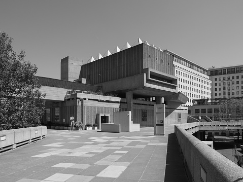 London, UK - June 08, 2023: The Hayward Gallery iconic new brutalist architecture in black and white