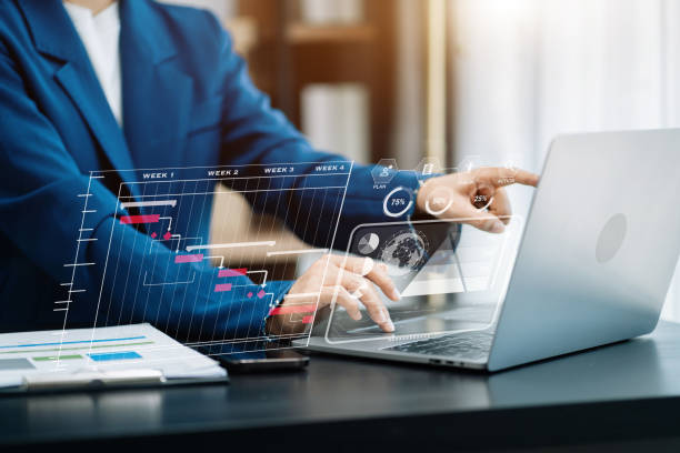 istock Business woman hand Project manager working and update tasks and Gantt chart scheduling virtual diagram.with smart phone, tablet and laptop in office. 1499433443