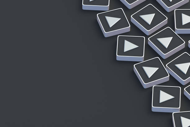 istock Scattered play buttons. Listen to music. Watch the video. Control interface for multimedia device. Audio player. Playback popular songs. Online media. Copy space. 3d render 1499433515
