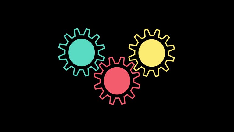 Three Blue, red and yellow gears rotating on black background. 4K resolution animation. Spinning gear loading motion design