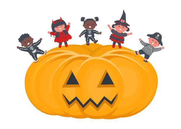 Vector illustration of Halloween kids party template. Children in costumes dance on Halloween pumpkin