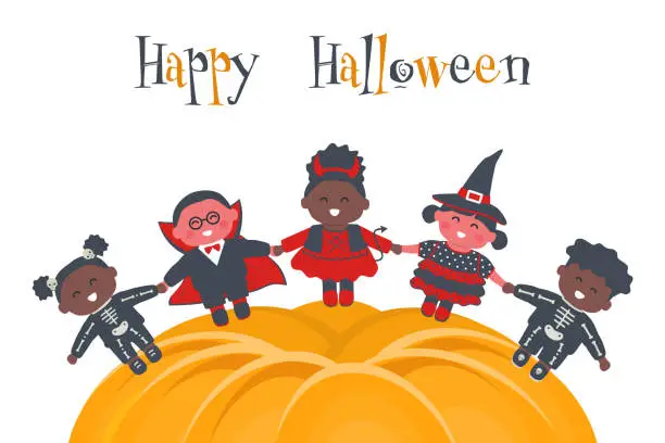 Vector illustration of Halloween kids party template. Children in Halloween costumes stand on pumpkin