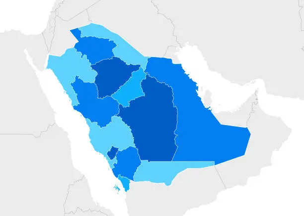 Vector illustration of High detailed Saudi Arabia Blue map with Regions and national borders of Egypt, Sudan, Israel, Jordan, Iraq, Kuwait, Bahrain, Qatar, United Arab Emirates, Oman and Yemen