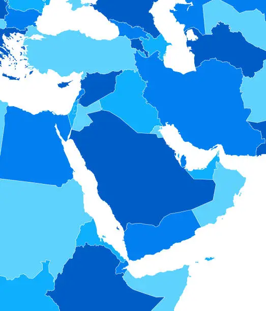 Vector illustration of High detailed Middle East Blue map with national borders of Saudi Arabia, Egypt, Turkey, Iran, Oman, Yemen, Iraq, Israel, Syria, Jordan, Qatar, Georgia, Azerbaijan and United Arab Emirates