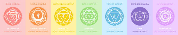 The seven human chakra with description and meaning. Colorful vector illustration with mandalas Sanskrit names. Each element can be used separately. The seven human chakra with description and meaning. Colorful vector illustration with mandalas sanskrit names. Each element can be used separately. chakra stock illustrations