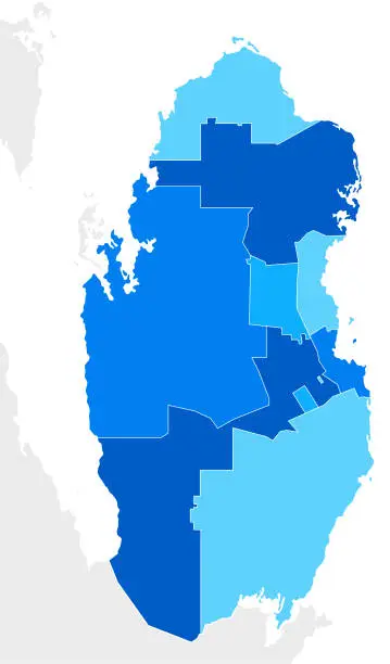 Vector illustration of High detailed Qatar Blue map with Regions and national borders of Saudi Arabia, United Arab Emirates and Bahrain