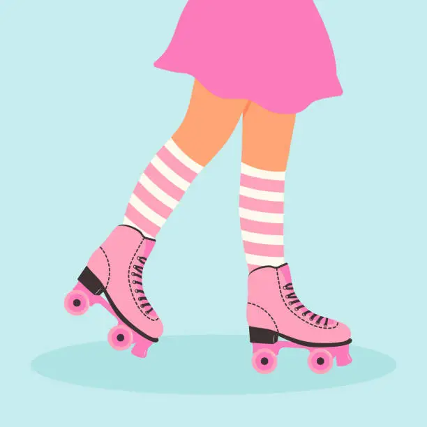 Vector illustration of Female legs wearing retro roller skates and striped socks. Rollerblading girl. Pastel colour web banner design. Modern poster.