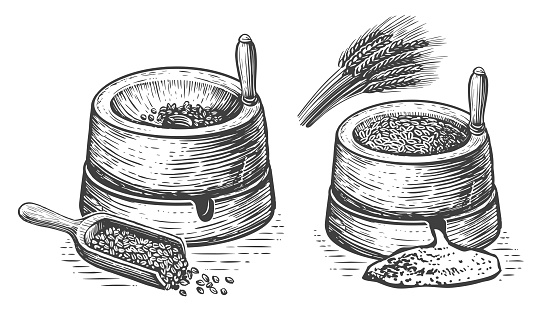 Millstone sketch. Hand mill is an ancient stone tool for grinding grain products and obtaining flour. Vintage vector