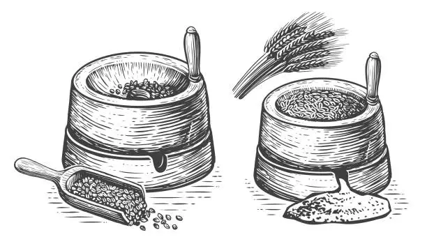 Vector illustration of Millstone sketch. Hand mill is an ancient stone tool for grinding grain products and obtaining flour. Vintage vector