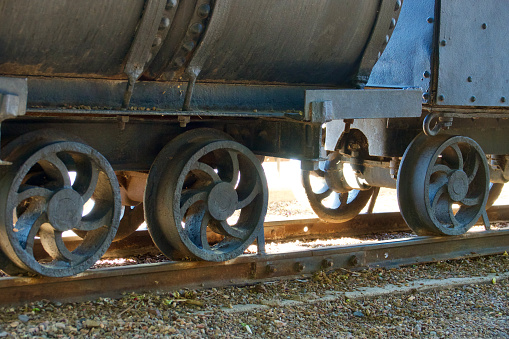Closeup of the mining carts and railroad tracks