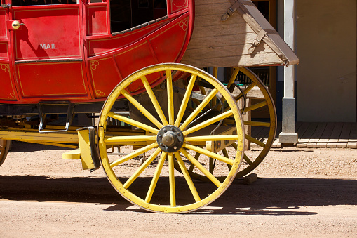 Vintage stage coach on a dusty road in Tombstone Arizona