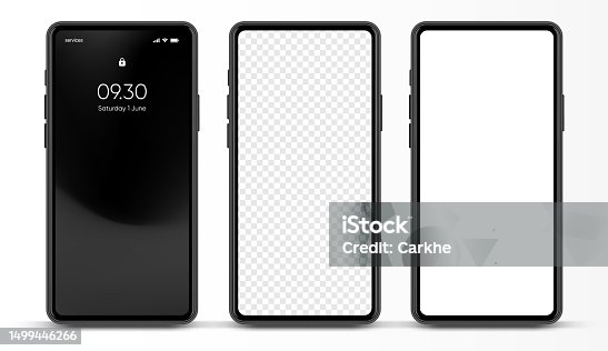 istock 3D realistic high quality smartphone mockup with isolated background. Smart phone mockup collection. Device front view. 3D mobile phone with shadow on white background. 1499446266
