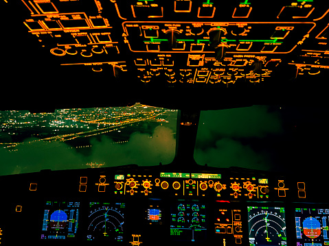 cockpit at night when landing horizontal airplane still