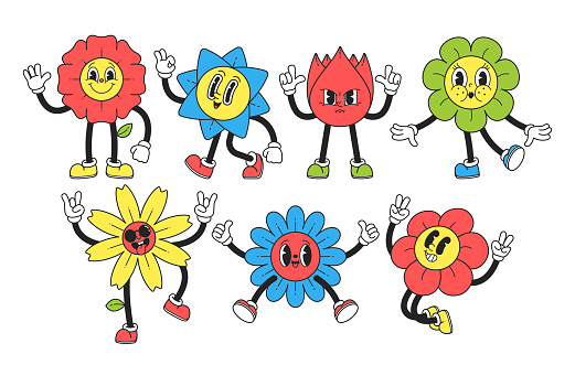 Y2k Flower Characters, Whimsical, Retro-inspired Floral Figures Embodying The Vibrant And Futuristic Aesthetics Of The Y2k Era, Bringing A Nostalgic And Energetic Vibes. Cartoon Vector Illustration