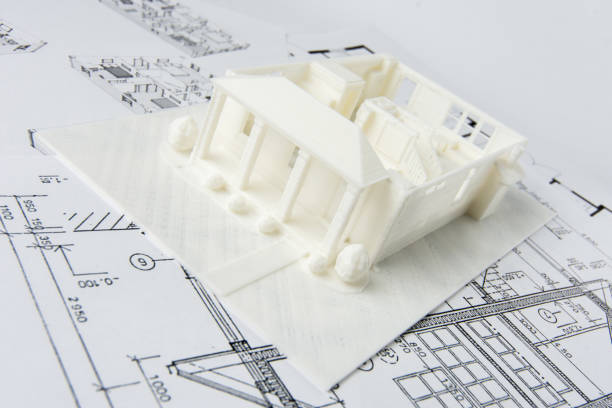 maqueta de la primera planta de una casa familiar impresa en una impresora 3d con filamento blanco por tecnología fdm para uso arquitectónico. - three dimensional blueprint construction housing project fotografías e imágenes de stock