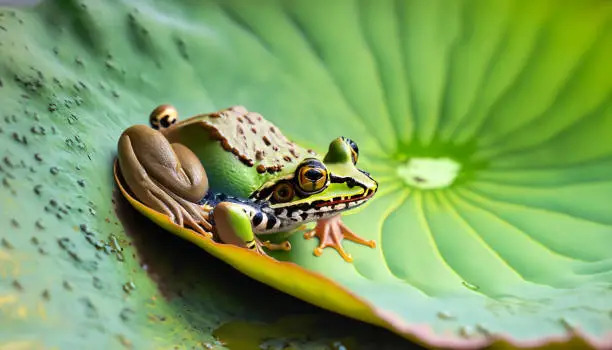 A macro photo of a frog sitting on a lotus leaf, showing its moist skin and bulging eyes