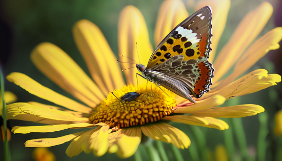 A stunning image of a butterfly resting on a yellow daisy, capturing its vibrant colors and patterns