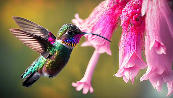 A close-up shot of a hummingbird feeding from a pink flower, showing its long beak and iridescent feathers