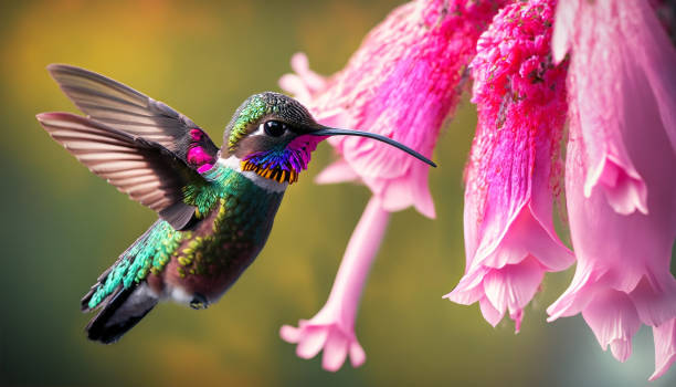 A Hummingbird’s Feast: A Macro Photo of a Flower A close-up shot of a hummingbird feeding from a pink flower, showing its long beak and iridescent feathers hummingbird stock pictures, royalty-free photos & images