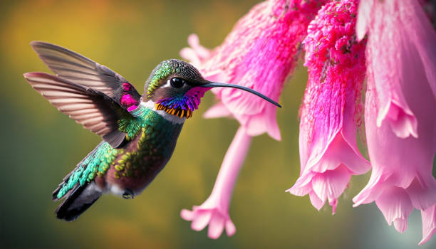 a hummingbird’s feast: a macro photo of a flower - flying animal bird multi colored imagens e fotografias de stock