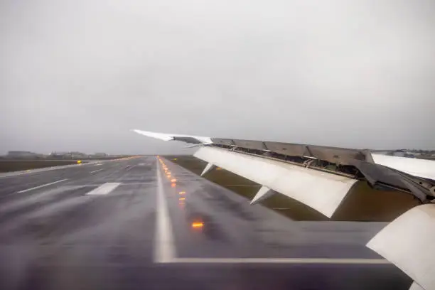 Wing of a Boeing 777 Wing of a Boeing 777 on a runway shortly after the landing in rain Copenhagen Airport