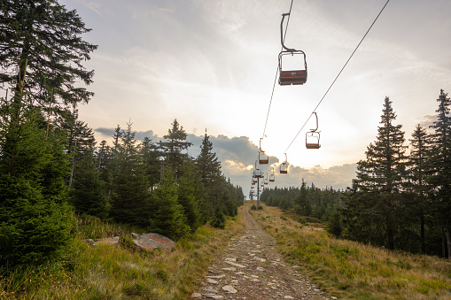 Funicular cable car over the forest at the mountainside of Uludag. Pine forest, top view. Uludag, Bursa, Turkiye (Turkey)