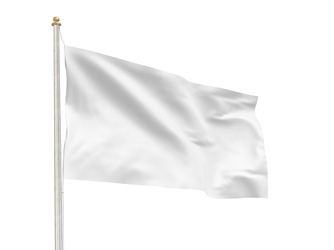 White flag waving in the wind on flagpole against the sky with clouds on sunny day, closeup