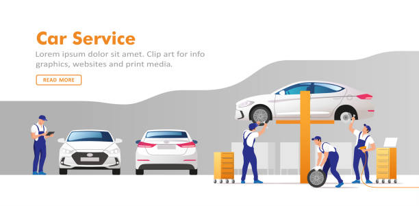 ilustraciones, imágenes clip art, dibujos animados e iconos de stock de servicio y reparación de automóviles. ilustración vectorial. - auto repair shop illustrations
