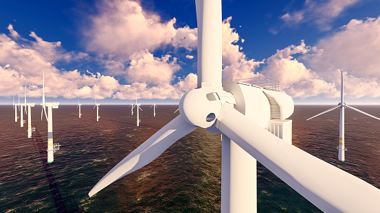 Wind turbines in the ocean, concept for wind energy, sustainability and to generate electricity