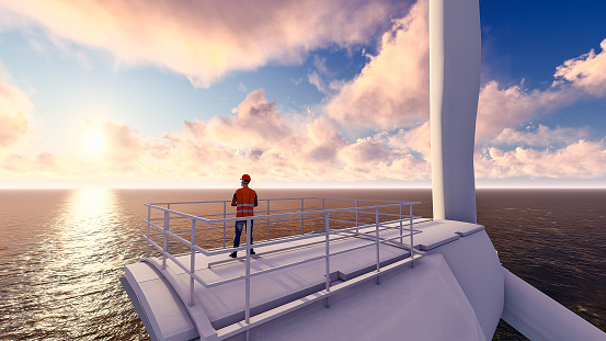 Wind turbine worker (Engineer) inspecting wind turbines. Wind turbines in the ocean, concept for wind energy, sustainability and to generate electricity
