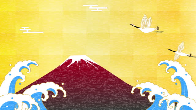 Loop animation of fluttering cranes and crashing waves, Japanese background with red Fuji and gold leaf, 4k, celebratino image