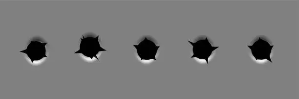 Vector illustration of Bullet holes set isolated on grey background. Realistic ragged metal holes row. Damage effect