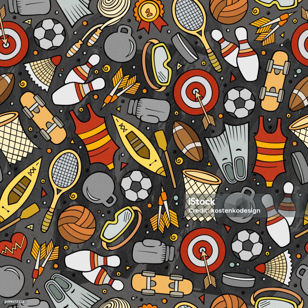 Cartoon Cute Hand Drawn Sport Seamless Pattern Stock Illustration ...
